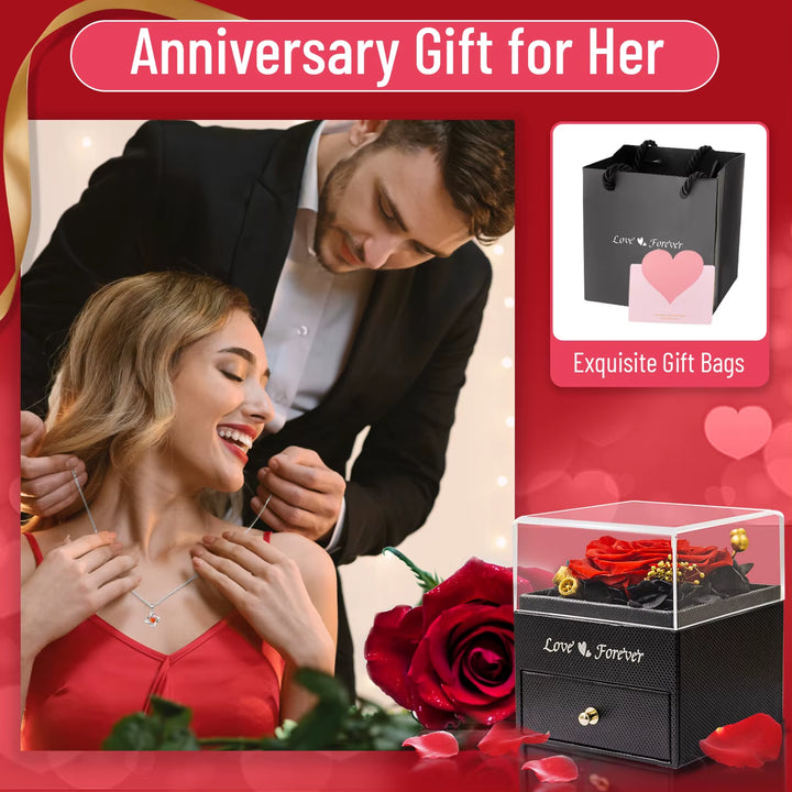 Preserved Real Rose with Necklace Earrings Set, Handmade Eternal Rose Flower Gifts for Anniversary Birthday Valentine'S Day