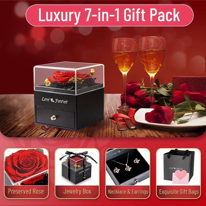 Preserved Real Rose with Necklace Earrings Set, Handmade Eternal Rose Flower Gifts for Anniversary Birthday Valentine'S Day