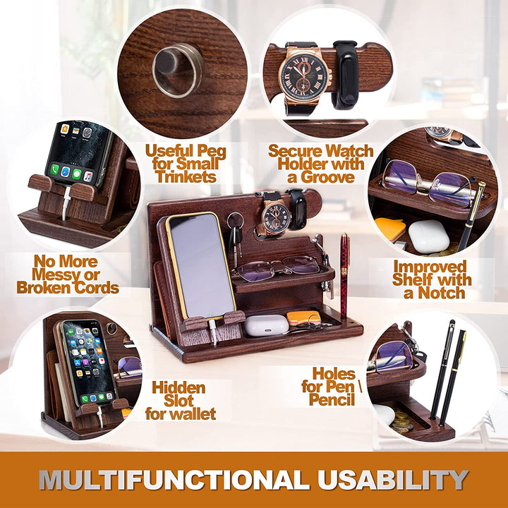 Gifts for Men Wood Phone Docking Station Desk Organizer Fathers Gifts Gifts for Him Xmas Gift Anniversary Birthday Presents Nightstand Key Wallet Stand for Men, Boyfriend, Dad
