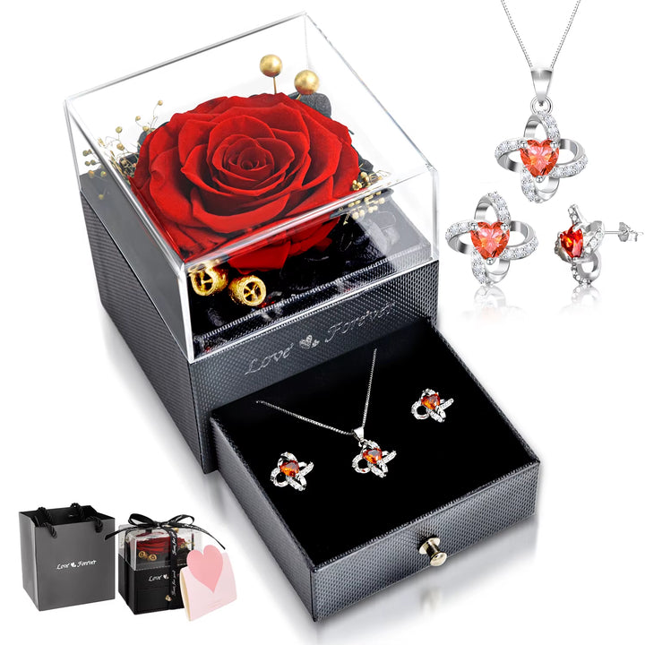 Preserved Real Rose with Necklace Earrings Set, Handmade Eternal Rose Flower Gifts for Anniversary Birthday Valentine'S Day