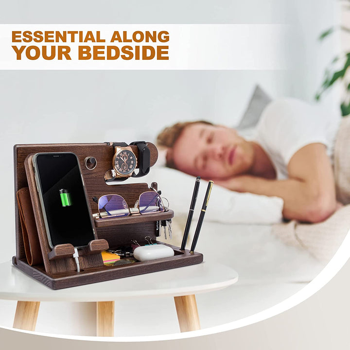 Gifts for Men Wood Phone Docking Station Desk Organizer Fathers Gifts Gifts for Him Xmas Gift Anniversary Birthday Presents Nightstand Key Wallet Stand for Men, Boyfriend, Dad