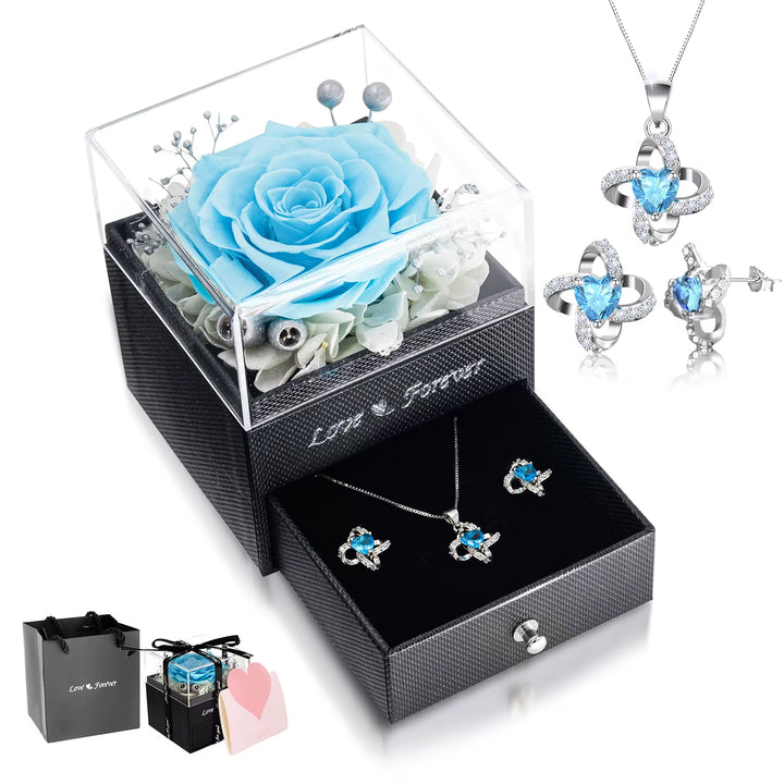 Preserved Real Rose with Necklace Earrings Set, Handmade Eternal Rose Flower Gifts for Anniversary Birthday Valentine'S Day